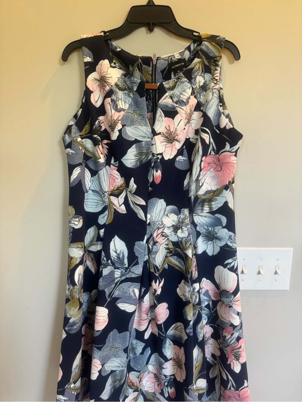 Liz Claiborne Navy Floral Midi Dress with Pink & Blue Blooms